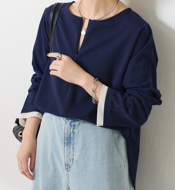  「【ストレッチ◎1枚で決まる】袖シアー切替ジョーゼットロンT」|Tシャツ・カットソー|