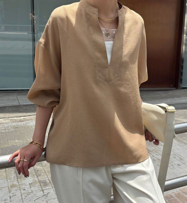  「【夏にも着れる長袖/涼しく体型カバー】ヴィンテージメッシュブラウス」|シャツ・ブラウス|ベージュ