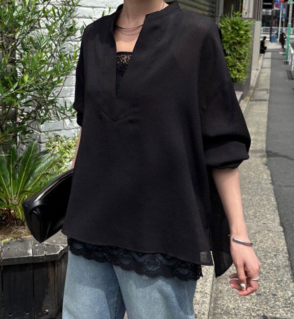  「【夏にも着れる長袖/涼しく体型カバー】ヴィンテージメッシュブラウス」|シャツ・ブラウス|ブラック