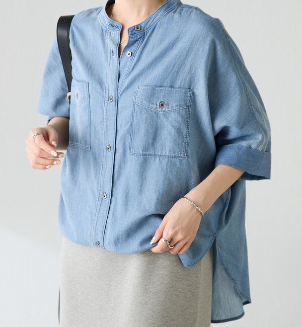  「【涼しいデニムシャツ/体型カバー】Q.anos ドルマンシアーデニムシャツ」|シャツ・ブラウス|