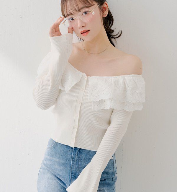  「【SALON by Chico】前後2wayダブルレースフリルオフショルニット」|ニット・セーター|アイボリー