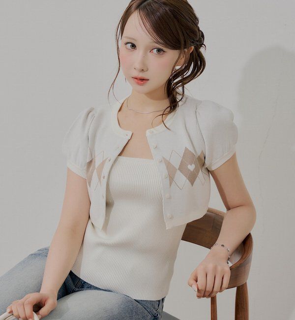  「アーガイルキャミ+カーデセット」|カーディガン|アイボリー