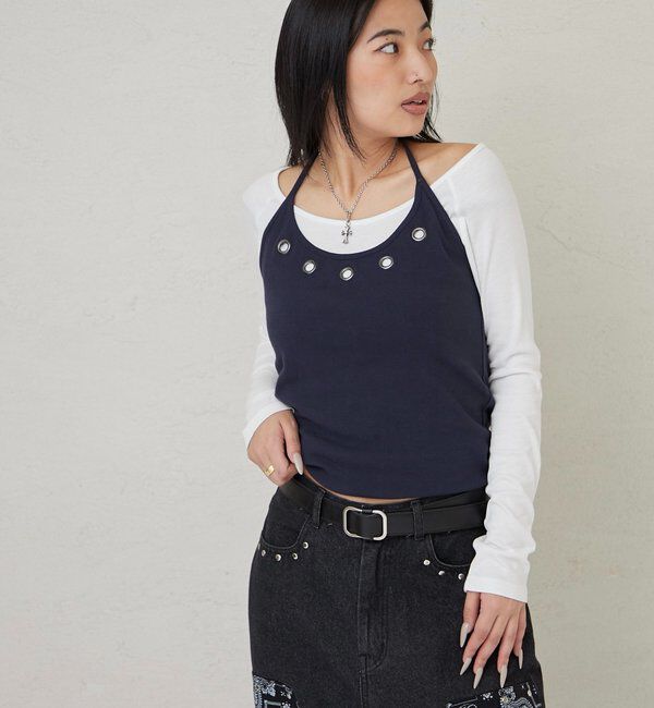  「アイレットホルターレイヤードトップス(無地/ボーダー/ドット)」|Tシャツ・カットソー|
