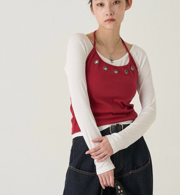  「アイレットホルターレイヤードトップス(無地/ボーダー/ドット)」|Tシャツ・カットソー|