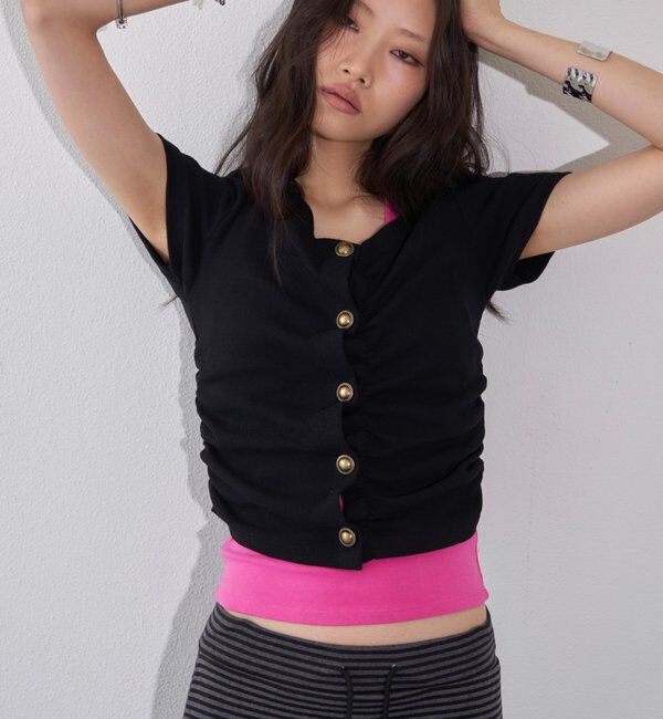  「ゴールドボタンギャザートップス」|Tシャツ・カットソー|
