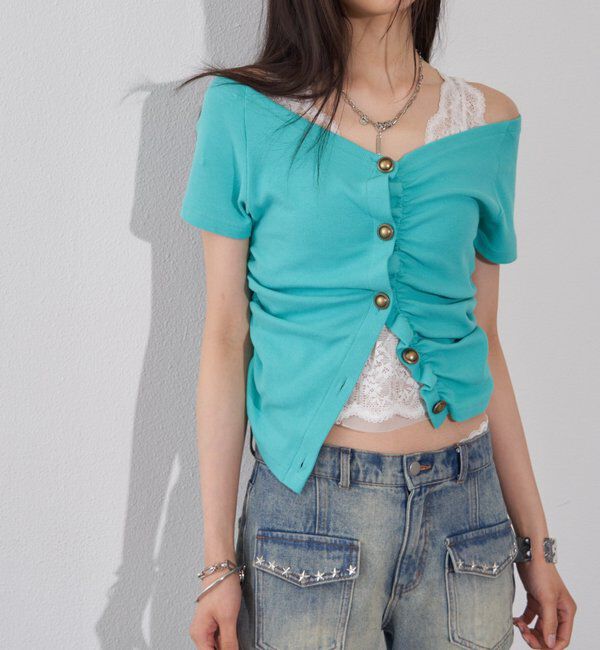  「ゴールドボタンギャザートップス」|Tシャツ・カットソー|