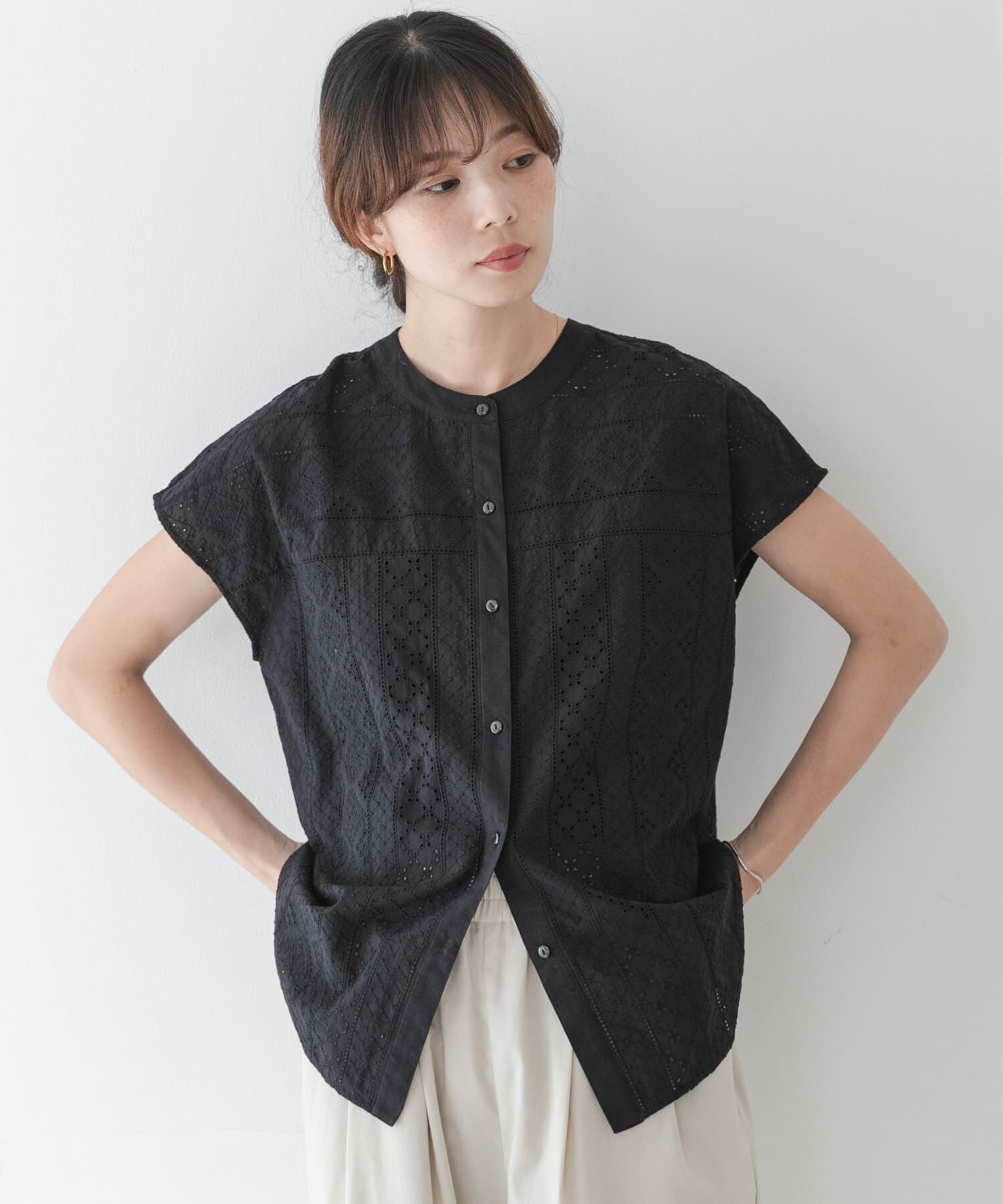 Sonny Label 「『WEB限定』バンドカラーコットンレースシャツ」|シャツ・ブラウス|ブラック