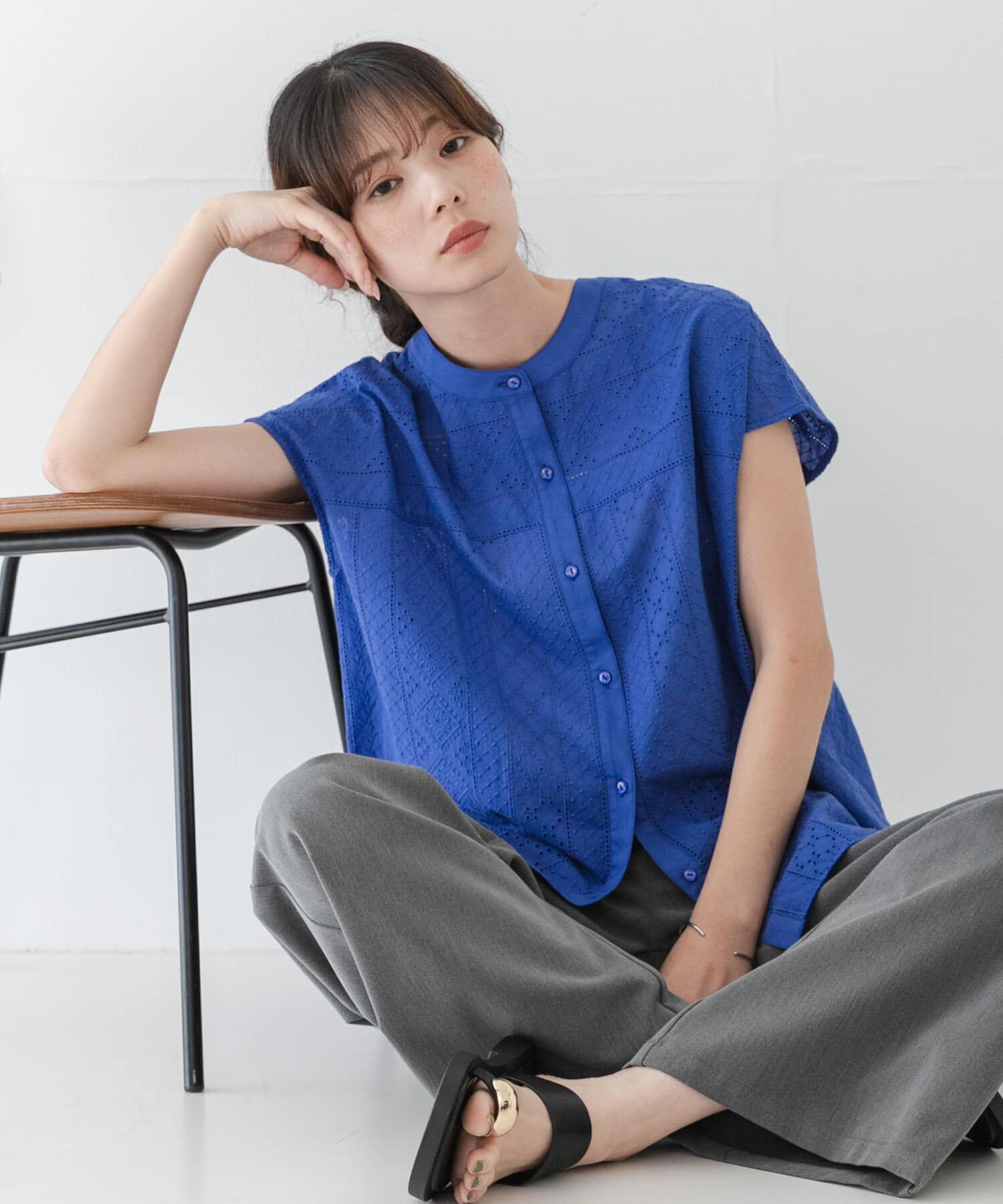 Sonny Label 「『WEB限定』バンドカラーコットンレースシャツ」|シャツ・ブラウス|ブルー