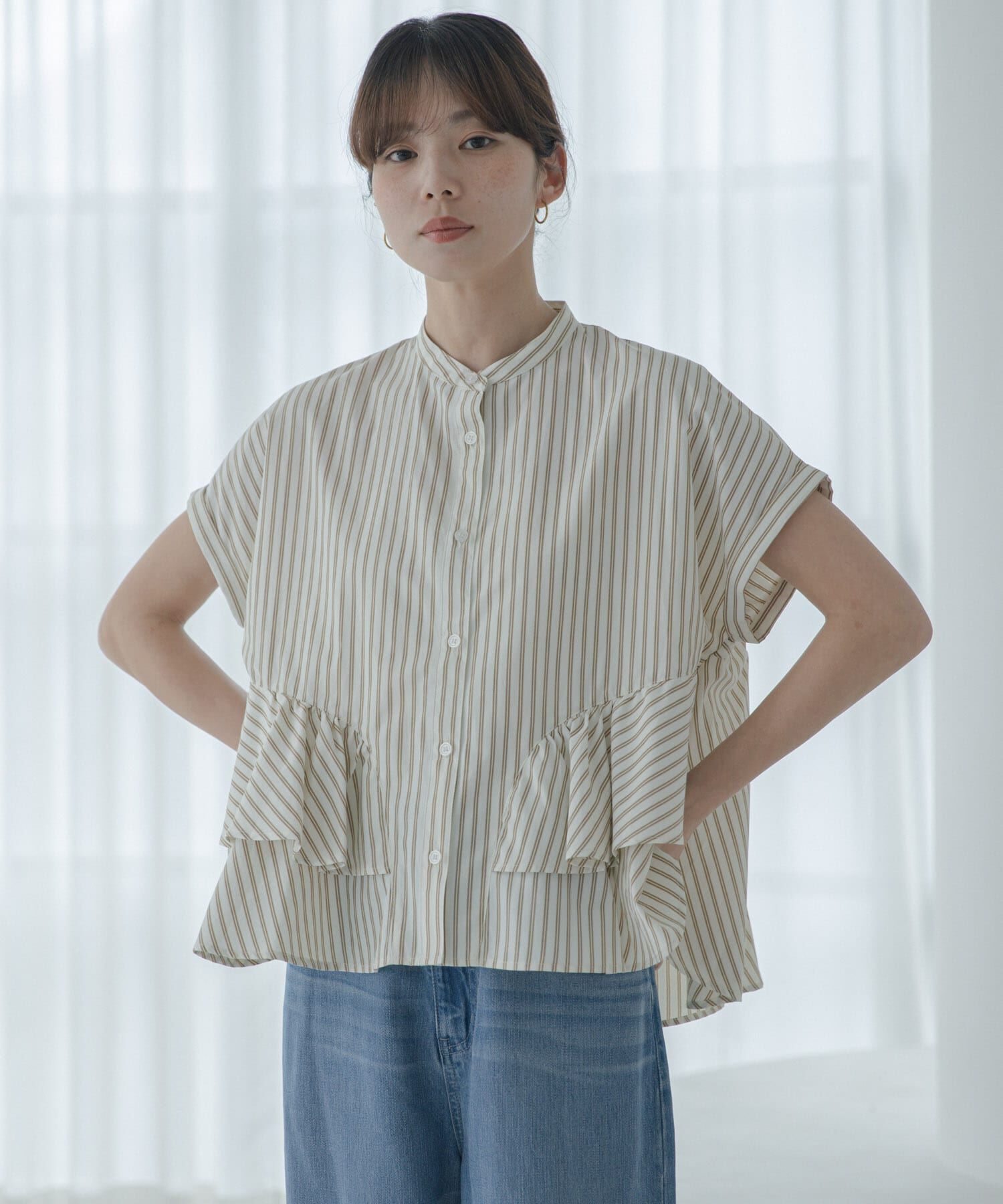 Sonny Label 「『WEB限定』バンドカラーフリルストライプ半袖シャツ」|シャツ・ブラウス|