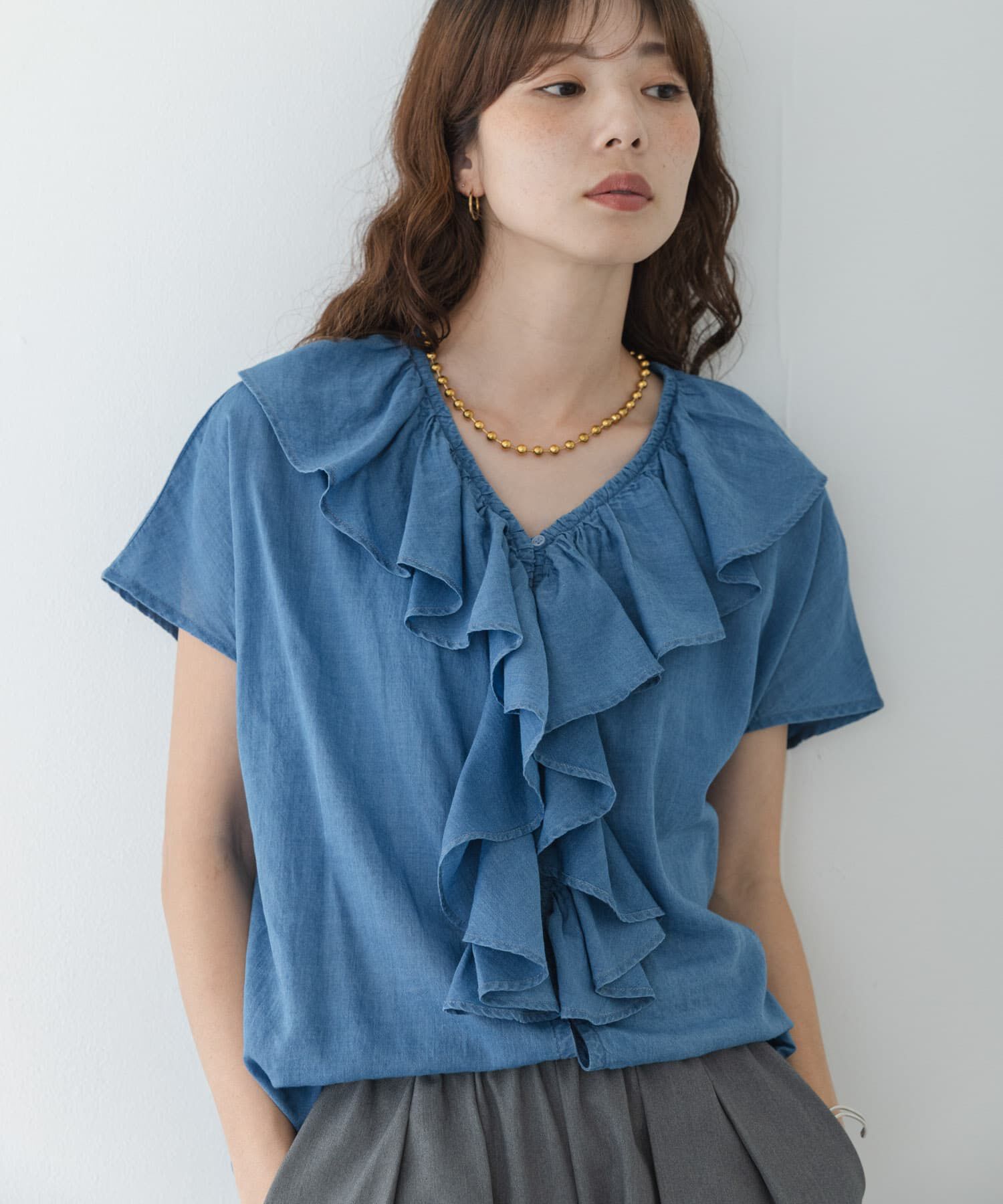 Sonny Label 「シアーデニムラッフルフリルブラウス」|シャツ・ブラウス|