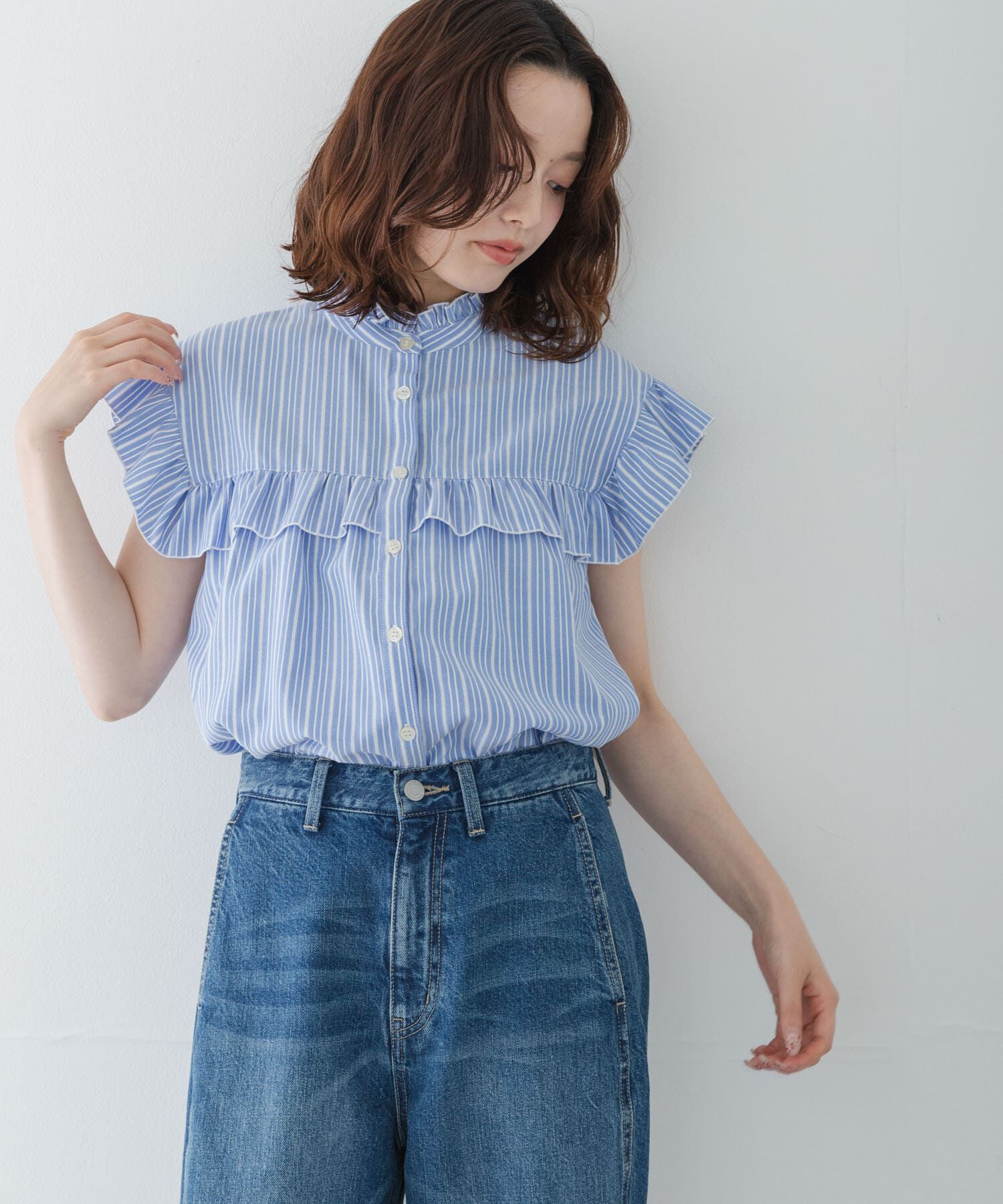 Sonny Label 「スタンドカラーフリルシャツブラウス」|シャツ・ブラウス|ブルー