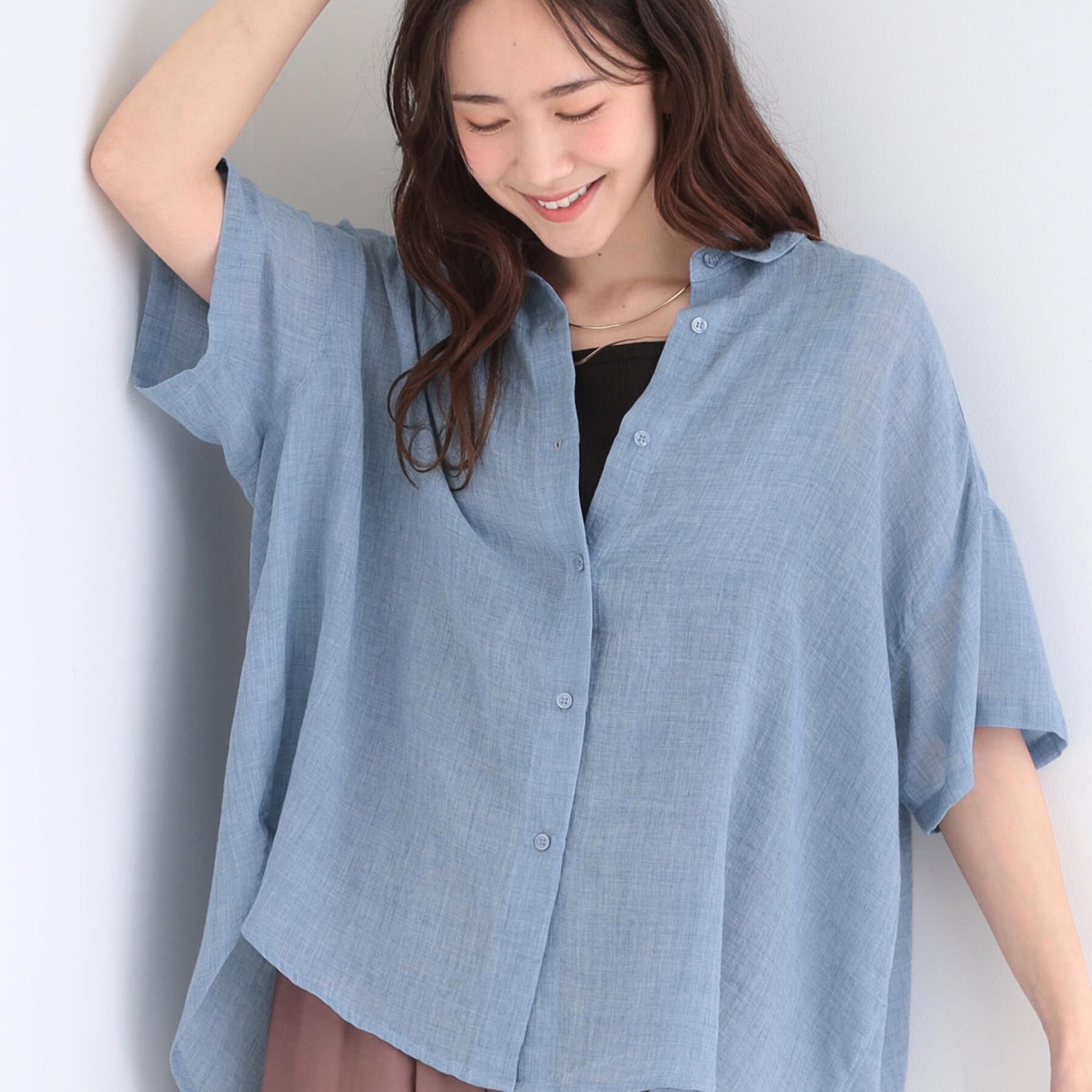 SHOO･LA･RUE「ヒップがすっぽり隠れる やわらか5分袖シアーシャツ」|シャツ・ブラウス|ブルー(093)