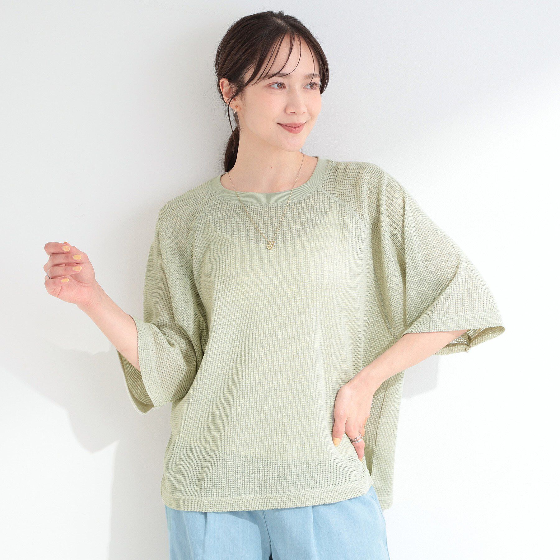 SHOO･LA･RUE「【S-LL】シアーワッフル ラグラン5分袖ゆるTシャツ」|Tシャツ・カットソー|