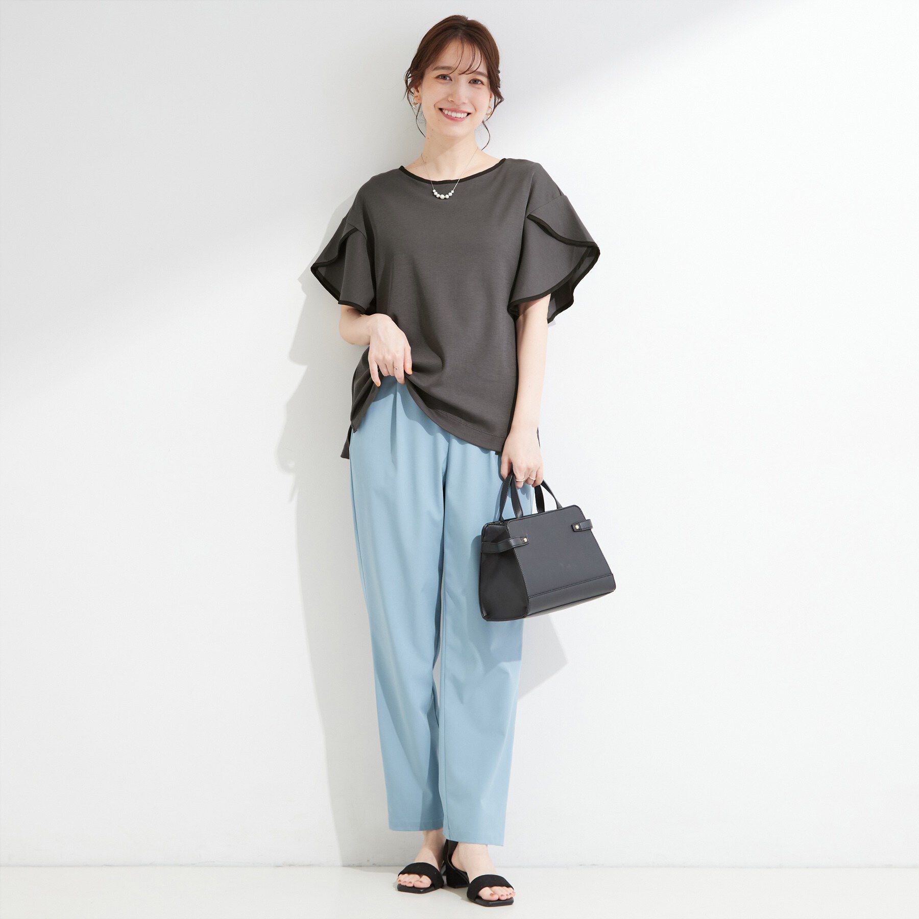 SHOO･LA･RUE「【ひんやり/洗濯機可/S-LL】配色パイピング フレアスリーブトップス」|Tシャツ・カットソー|
