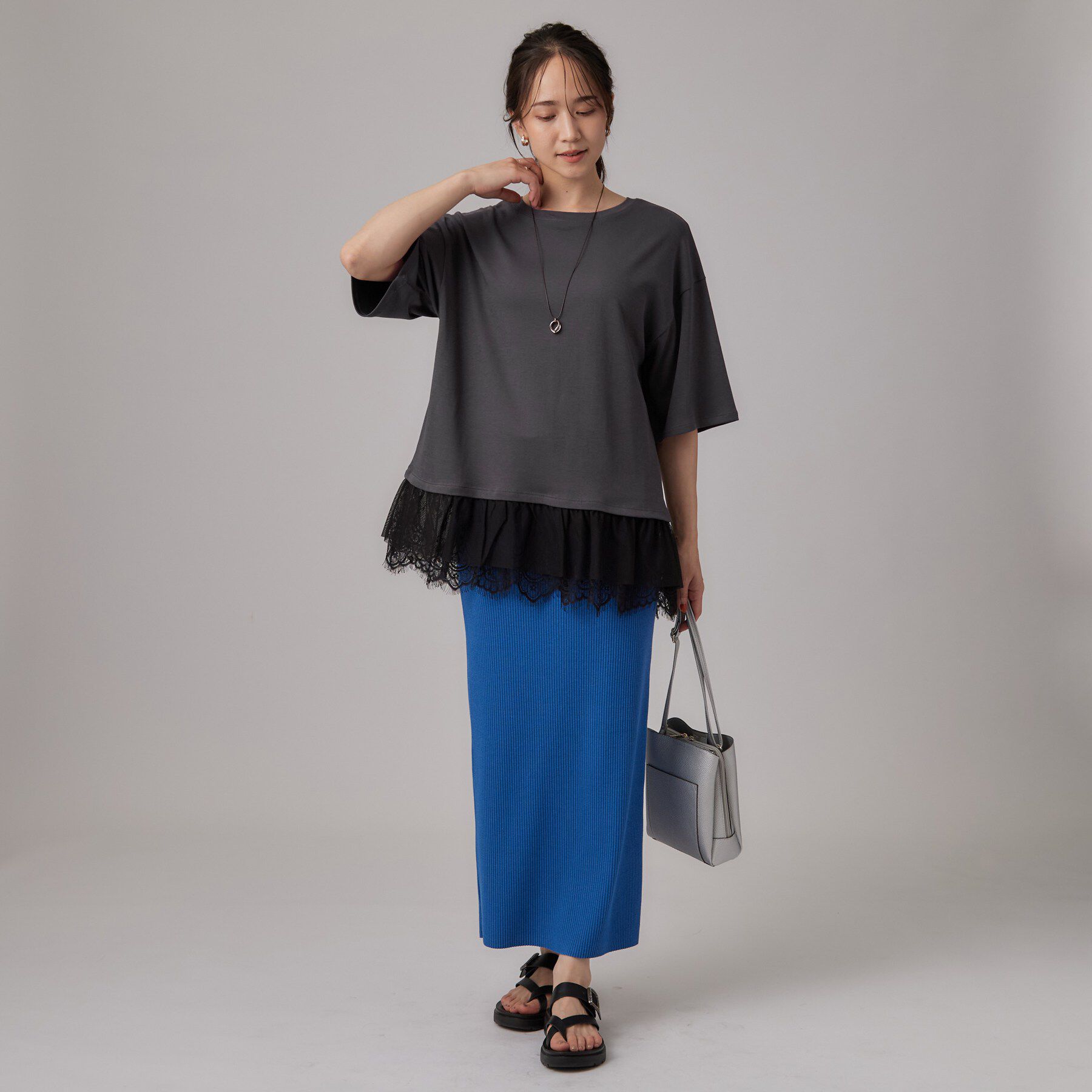SHOO･LA･RUE「【ひんやり/UV/抗菌防臭/S-LL】1枚でサマ見え 裾レースTシャツ」|Tシャツ・カットソー|