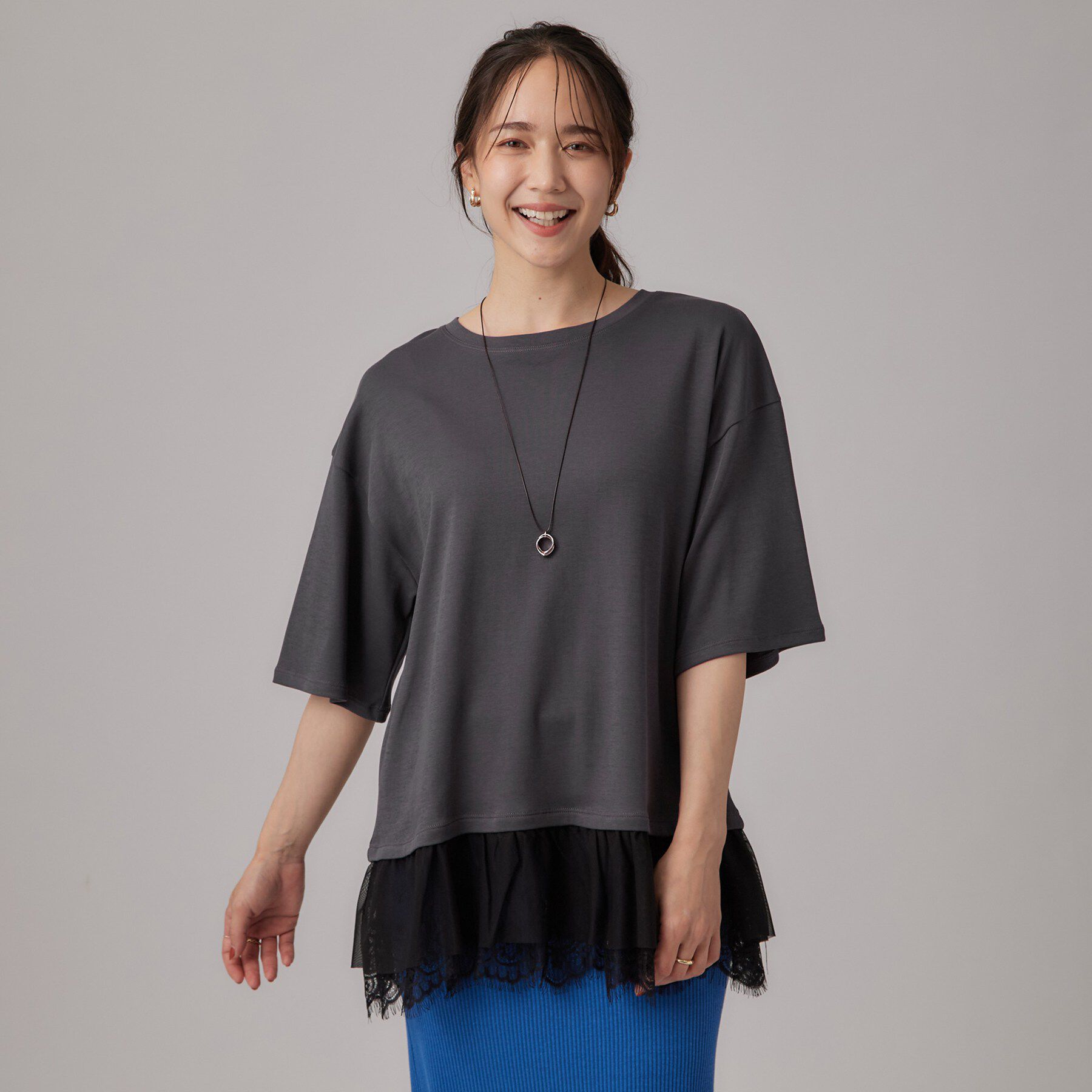 SHOO･LA･RUE「【ひんやり/UV/抗菌防臭/S-LL】1枚でサマ見え 裾レースTシャツ」|Tシャツ・カットソー|