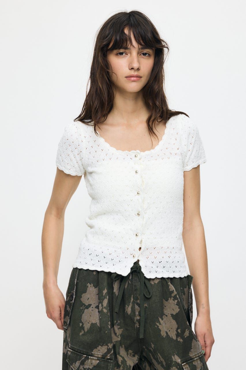 MOUSSY「EYELET BUTTON UP トップス」|ニット・セーター|O/WHT1