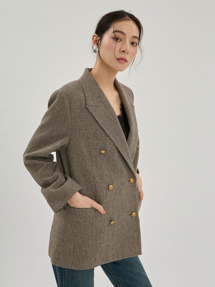Mila Owen「金釦ダブルブレストチェックロングブレザー」|テーラードジャケット|