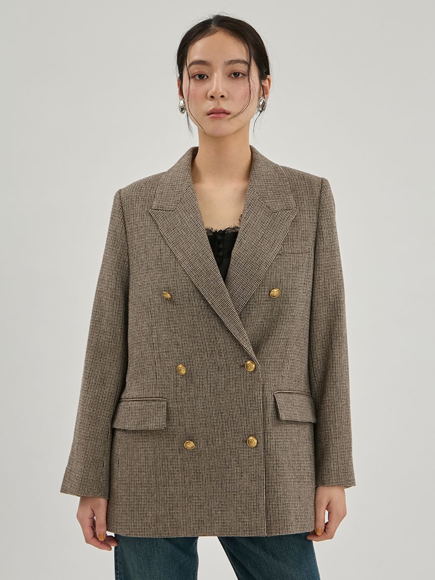Mila Owen「金釦ダブルブレストチェックロングブレザー」|テーラードジャケット|