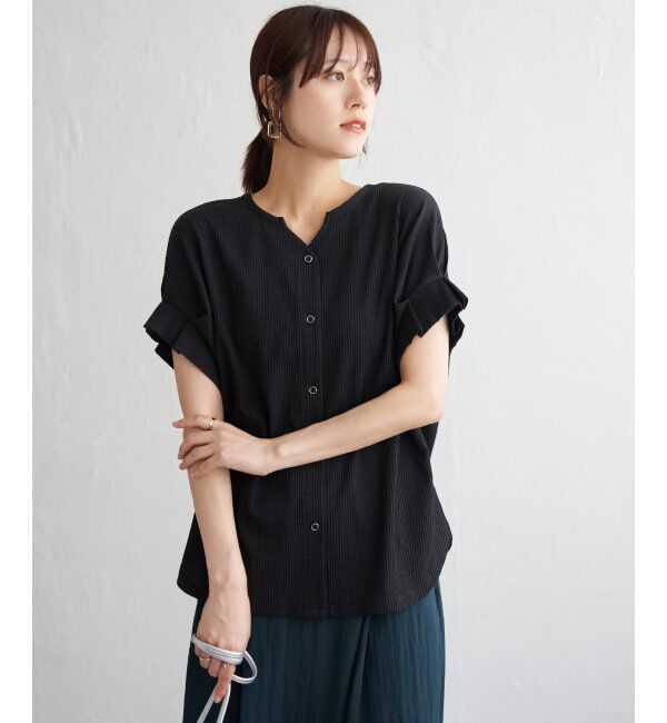 ikka「シアサッカー2WAY袖タックプルオーバー」|その他|ブラック