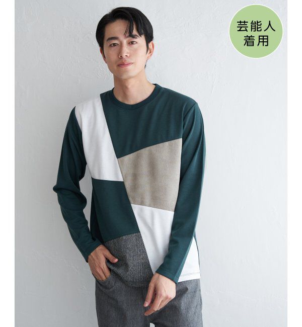 ikka「ブロックスチェックスエード切り替えロンT」|Tシャツ・カットソー|グリーン