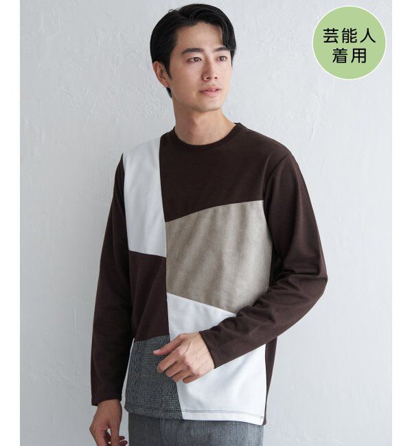 ikka「ブロックスチェックスエード切り替えロンT」|Tシャツ・カットソー|ブラウン