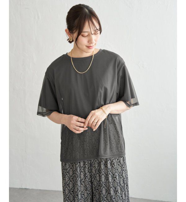ikka「チュールレイヤードプルオーバー」|Tシャツ・カットソー|チャコール