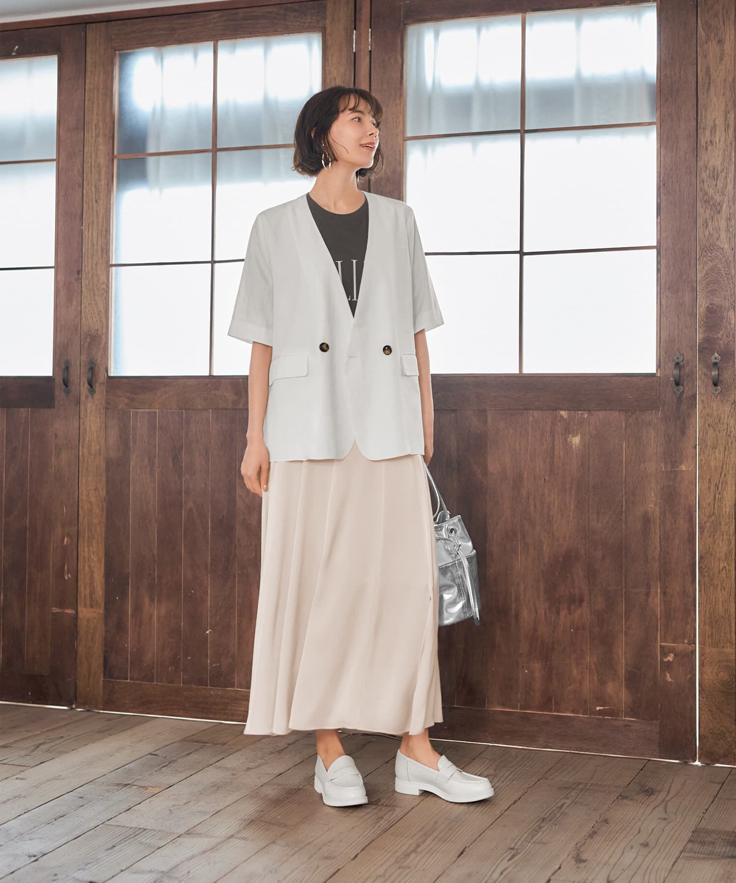 STYLE DELI「微シボハーフスリーブジャケット」|ノーカラージャケット|