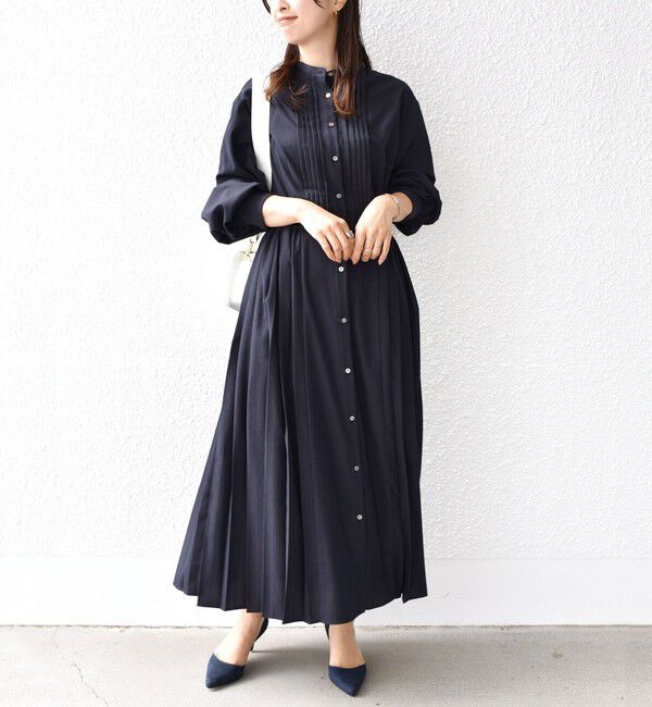 SHIPS for women「《一部追加予約》〈手洗い可能〉ドット / 花柄 バンドカラー サイド プリーツ ワンピース」|ワンピース|