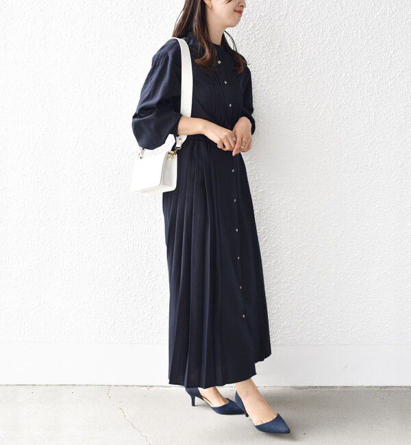 SHIPS for women「《一部追加予約》〈手洗い可能〉ドット / 花柄 バンドカラー サイド プリーツ ワンピース」|ワンピース|