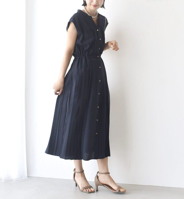 SHIPS for women「【WEB限定】〈洗濯機可能〉ドット 花柄 サイド プリーツ フレンチスリーブ ワンピース」|ワンピース|ダークブルー
