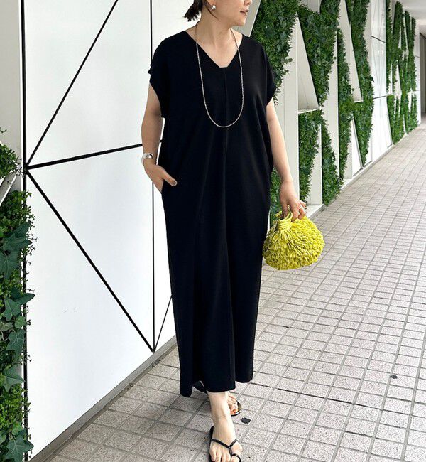 Rie Miller「ウォッシャブル袖口リブマキシ丈ワンピースジョーゼットダンボール」|ワンピース|ブラック