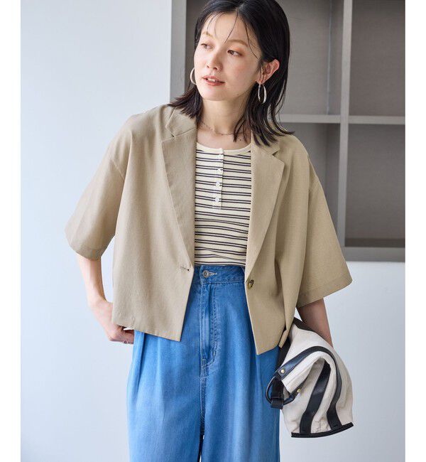 Rope&rsquo;Picnic「【ちゃんと+かわいい保証】エアリーリネンライク ハーフスリーブジャケット/接触冷感・UVカット・速乾」|テーラードジャケット|
