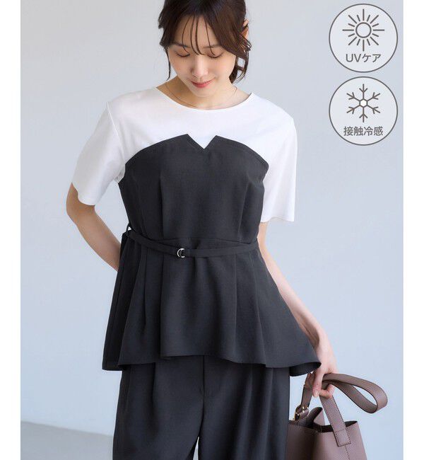 Rope&rsquo;Picnic「【ちゃんと+かわいい保証】エアリーリネンライク ドッキングカットトップス/UVケア」|Tシャツ・カットソー|ブラック(01)