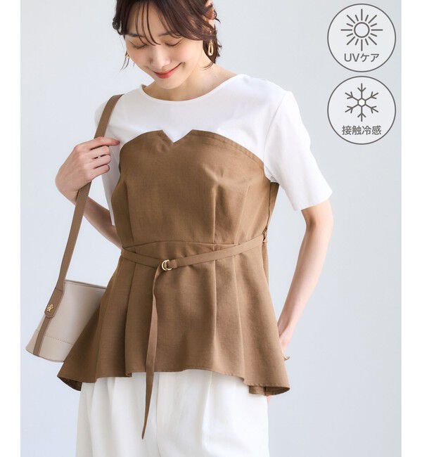 Rope&rsquo;Picnic「【ちゃんと+かわいい保証】エアリーリネンライク ドッキングカットトップス/UVケア」|Tシャツ・カットソー|キャメル(25)
