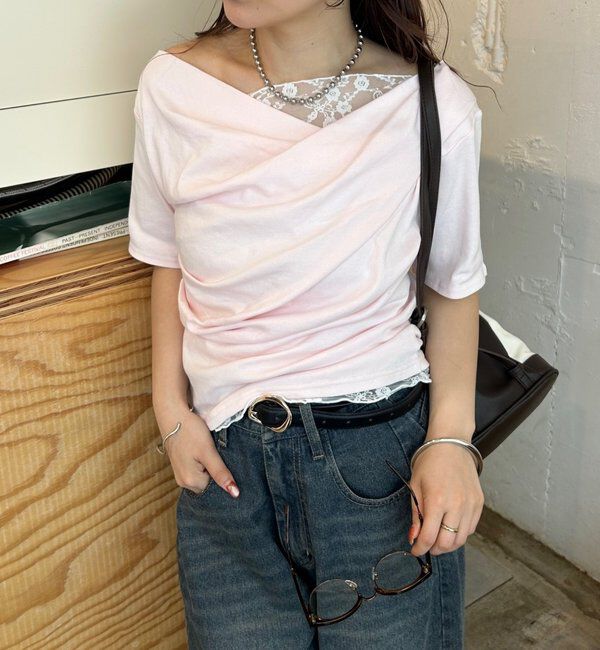  「レースドッキングオフショル半袖Tシャツ」|Tシャツ・カットソー|