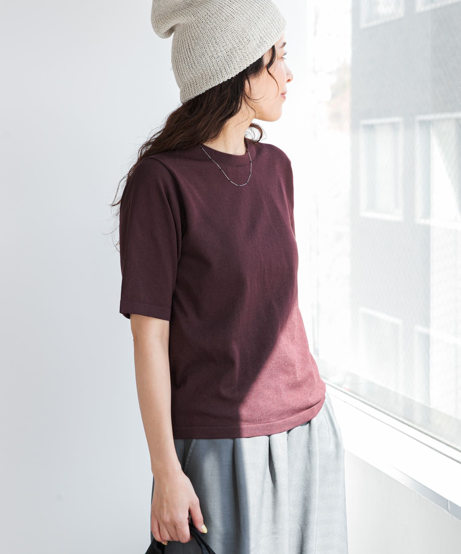 URBAN RESEARCH DOORS「『仁村紗和さん着用』『UR TECH』ｻﾏｼｪｱﾆｯﾄﾊｰﾌｽﾘｰﾌﾞﾌﾟﾙ」|Tシャツ・カットソー|ブラウン