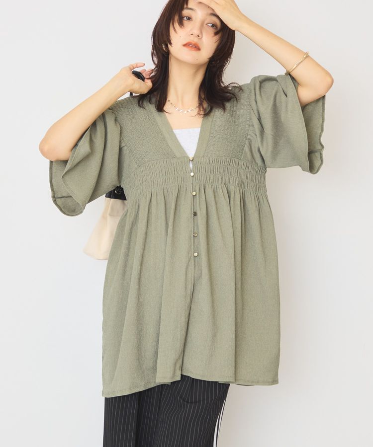 AMERICAN HOLIC「【WEB限定】前後2WAYVネックシャーリングチュニックブラウス【吸水速乾・イージーケア】」|Tシャツ・カットソー|
