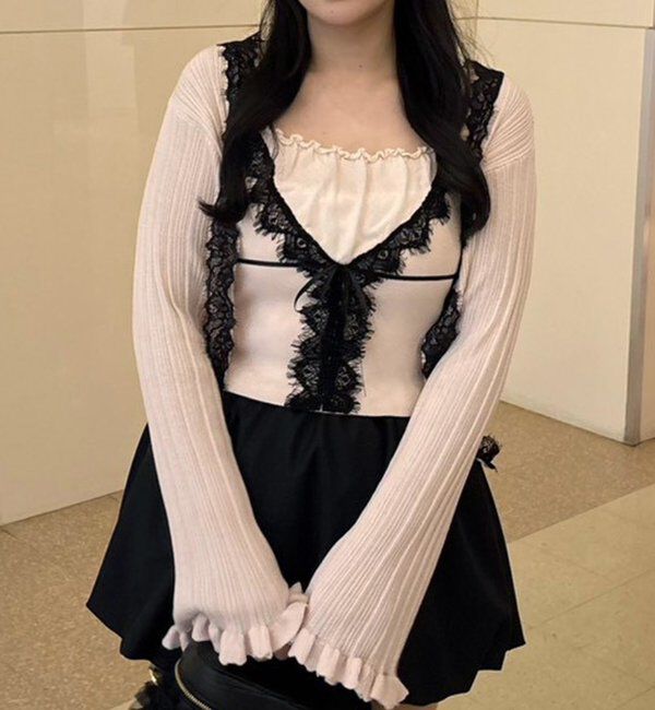  「レース付きリブカーディガン」|ニット・セーター|