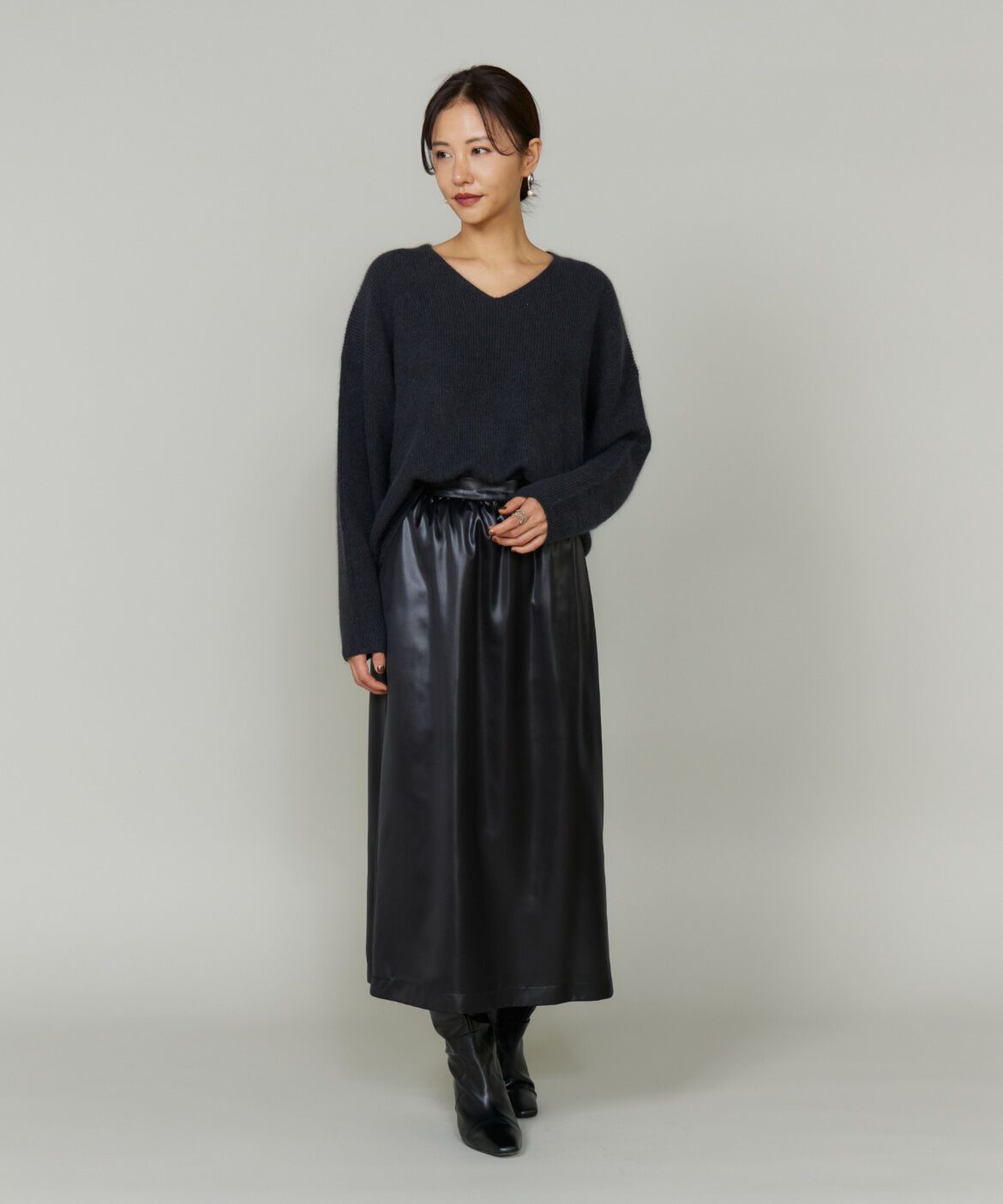 Le Souk「レザーライクギャザーストレートスカート 」|台形|