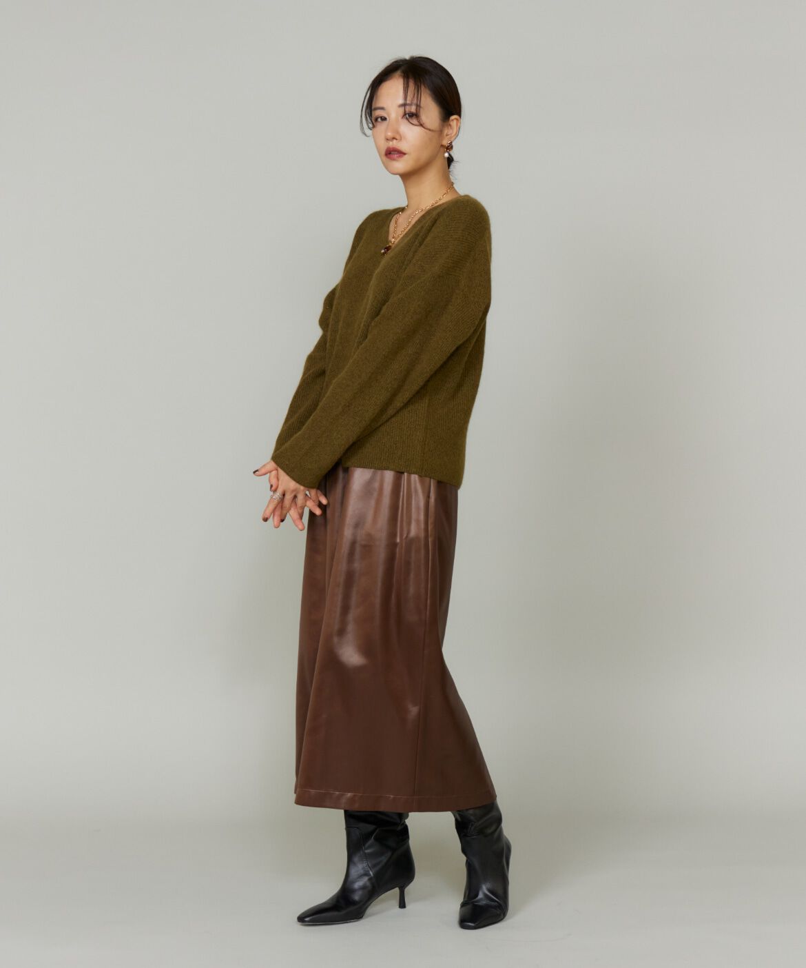 Le Souk「レザーライクギャザーストレートスカート 」|台形|