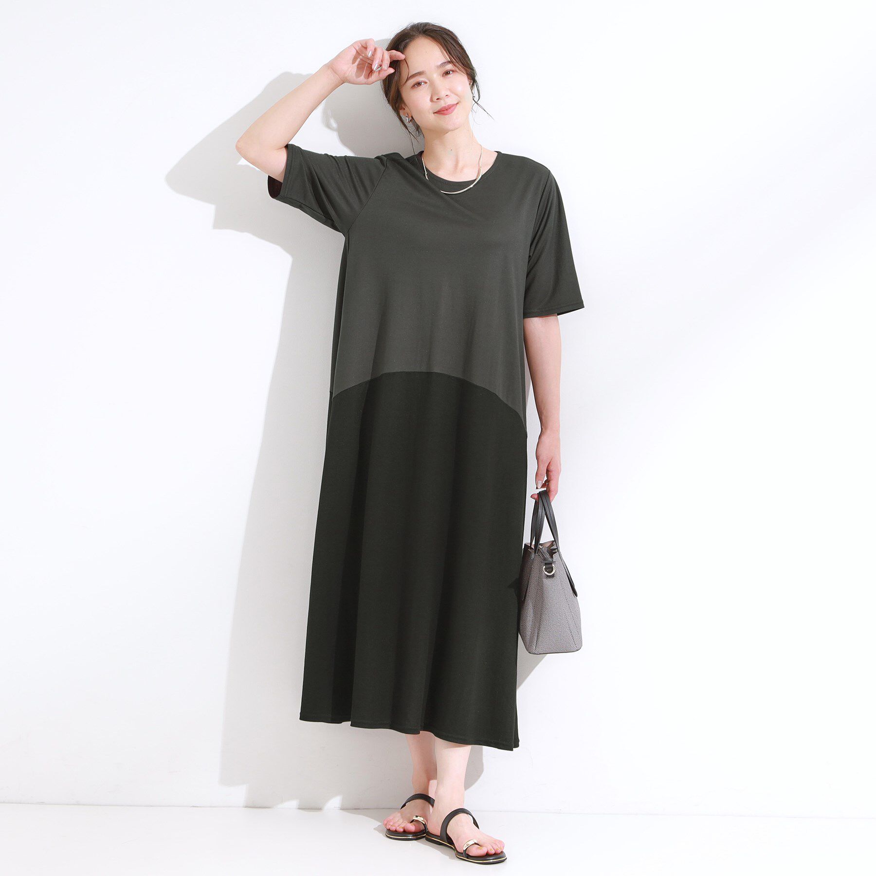 SHOO･LA･RUE「【ひんやり/体型カバー】さらりと着られる バイカラーAラインワンピース」|ワンピース|