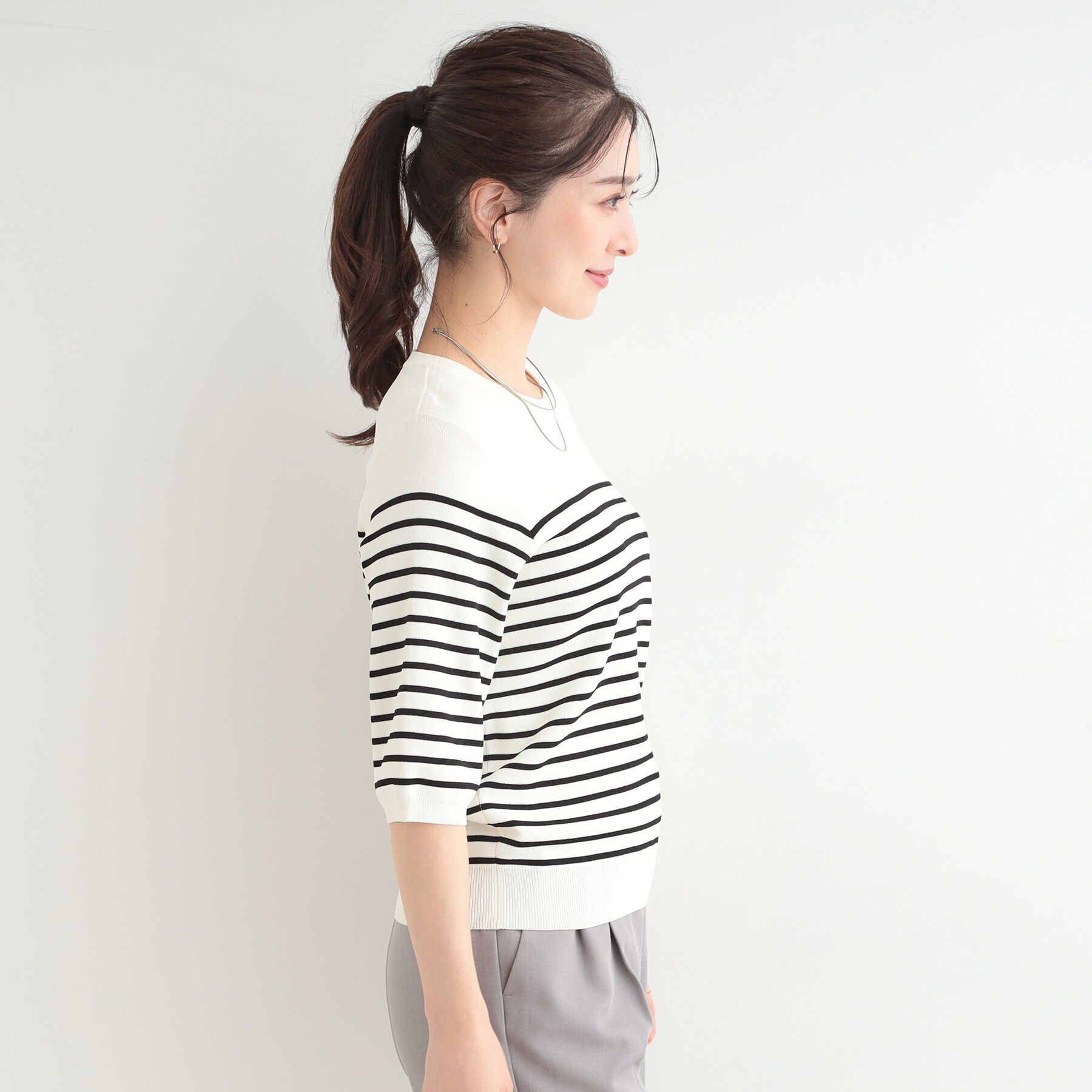 SHOO･LA･RUE「【毎日洗える/S-LL/ひんやり/UV】上半身すっきり 二の腕見せない5分袖ニット」|ニット・セーター|