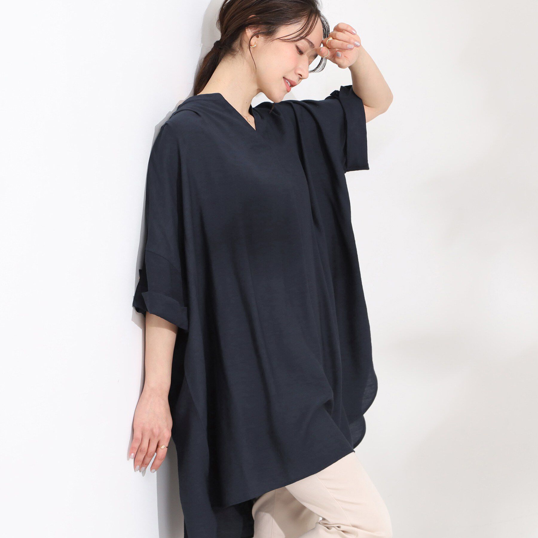 SHOO･LA･RUE「【ひんやり/S-LL】すっぽり体型カバー スキッパードルマンチュニック」|チュニック|ネイビー(094)