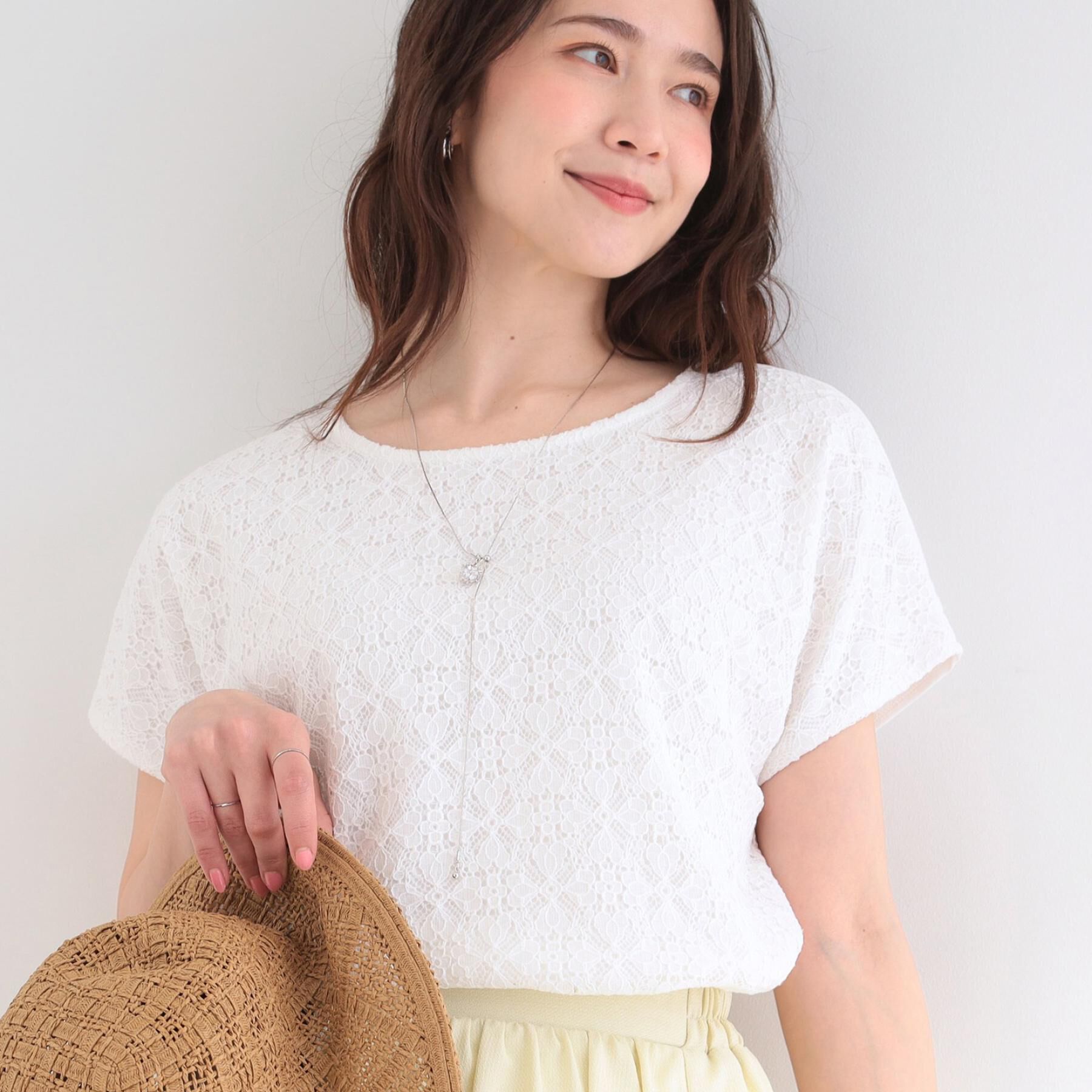 SHOO･LA･RUE「【ひんやり/UV】レース切替で華やかに 大人の選ぶ上品Tシャツ」|Tシャツ・カットソー|ホワイト(001)