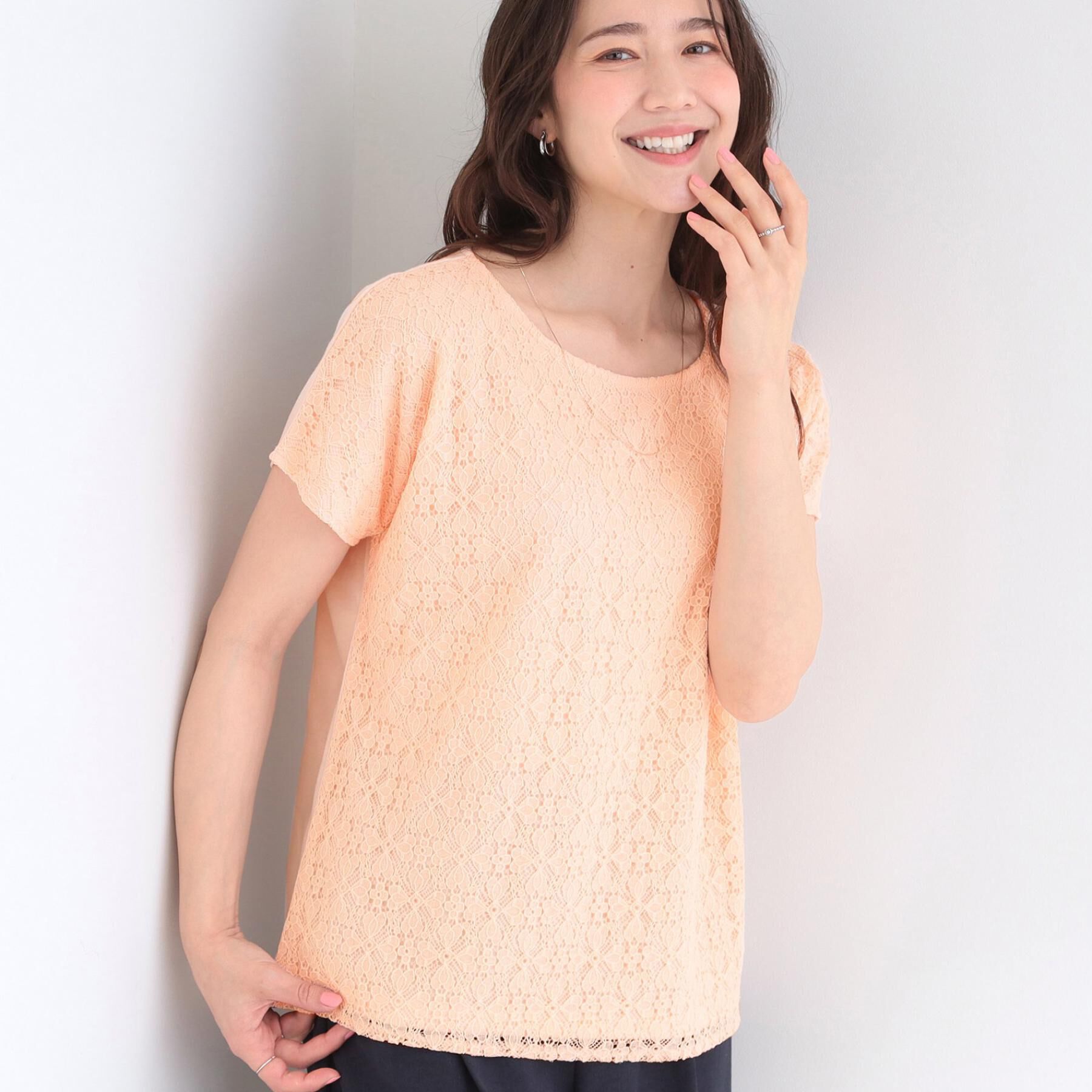 SHOO･LA･RUE「【ひんやり/UV】レース切替で華やかに 大人の選ぶ上品Tシャツ」|Tシャツ・カットソー|オレンジ(065)