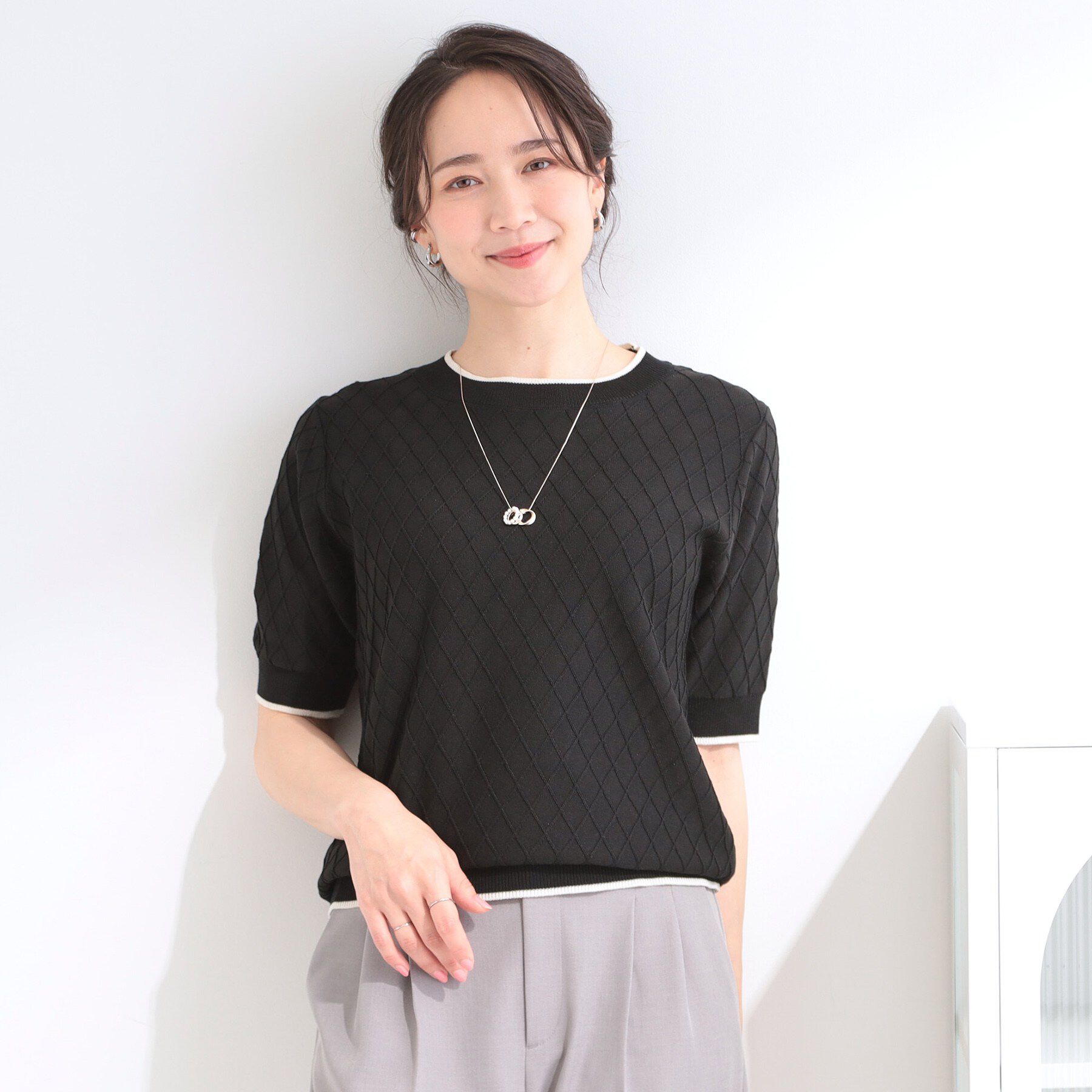 SHOO･LA･RUE「【洗濯機可/S-LL】大人上品なダイヤ編み柄 配色半袖ニット」|ニット・セーター|