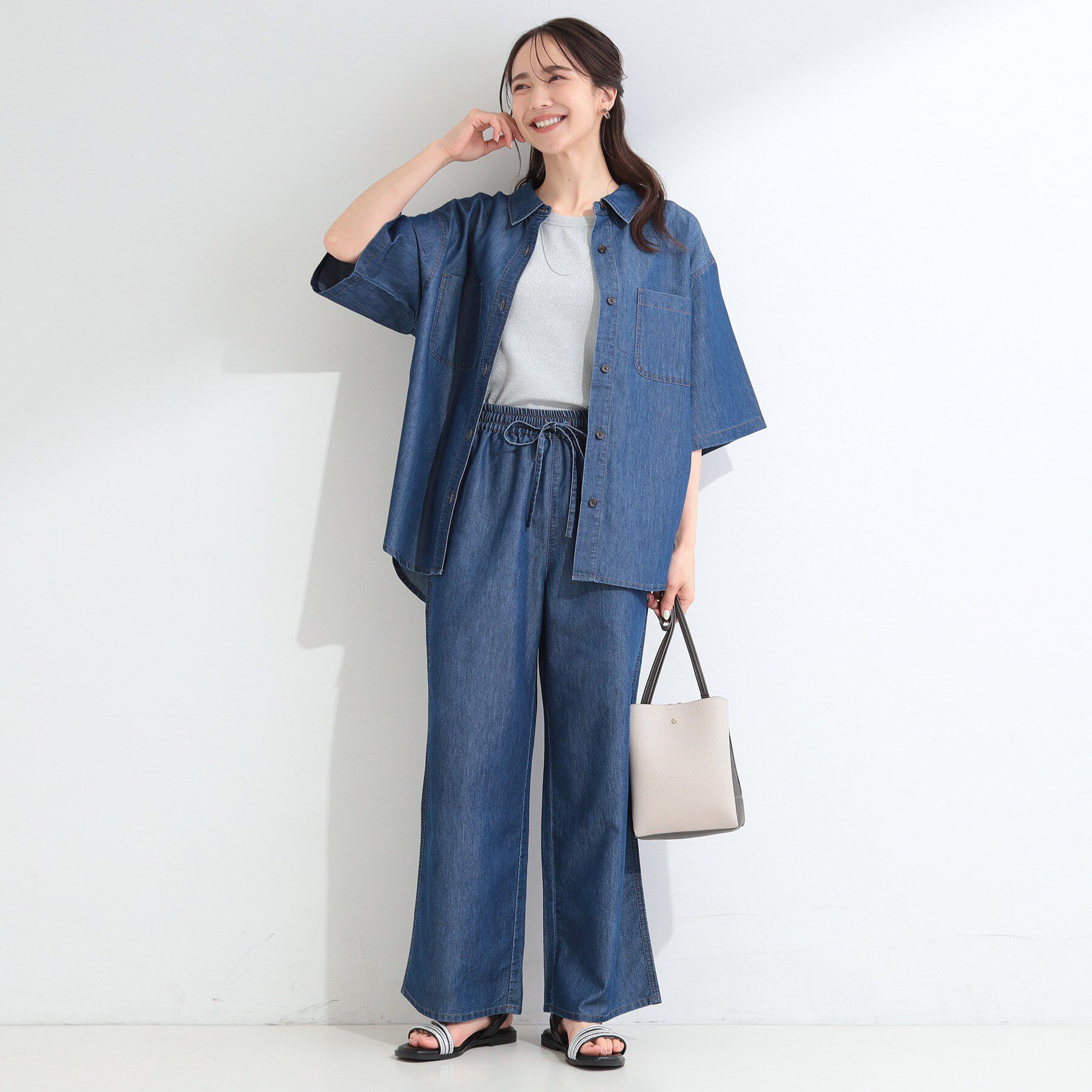 SHOO･LA･RUE「【セットアップ可/S-LL】ライトオンスデニム 5分袖シャツ」|シャツ・ブラウス|