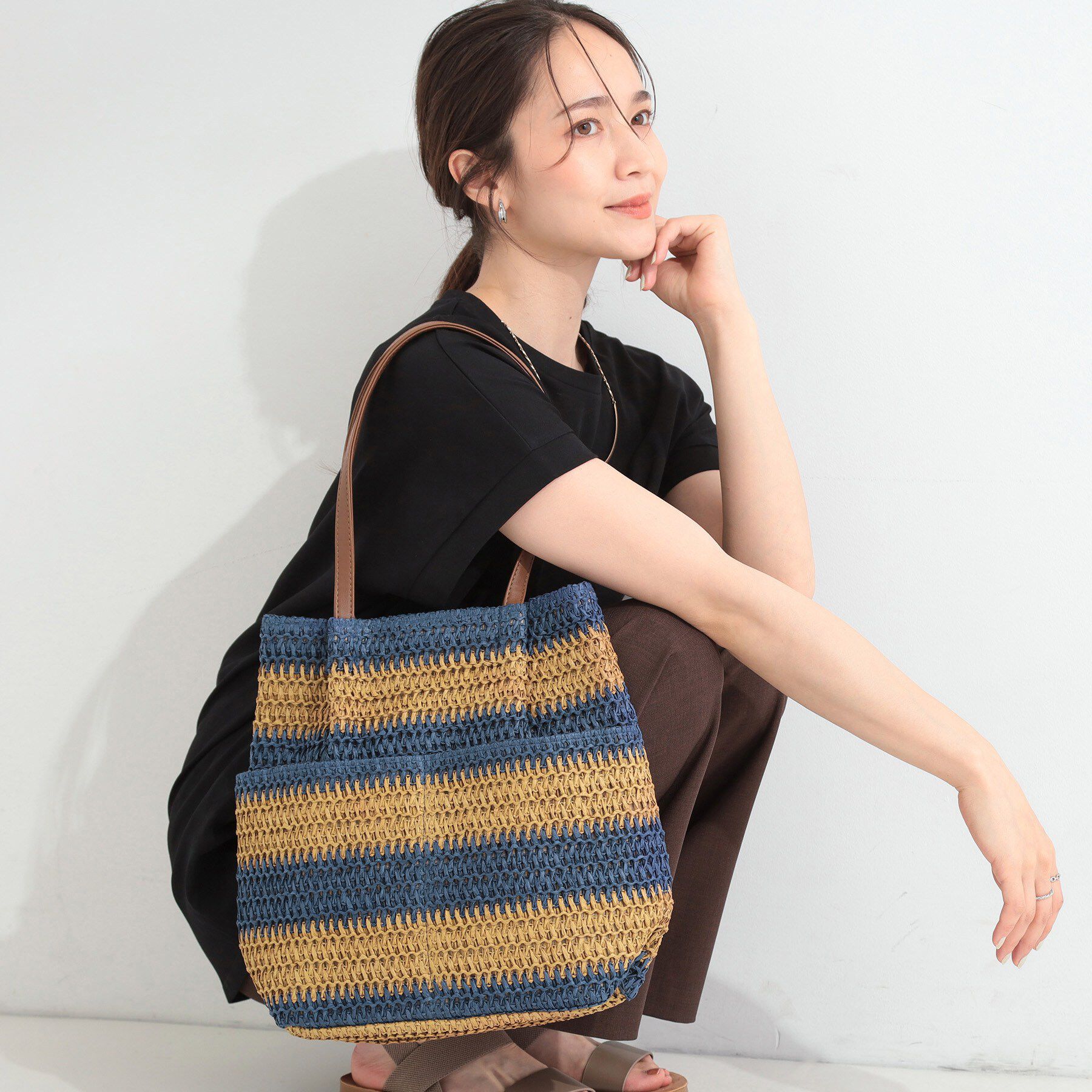 SHOO･LA･RUE「雑材シートボーダートート」|トートバッグ|ネイビー(394)