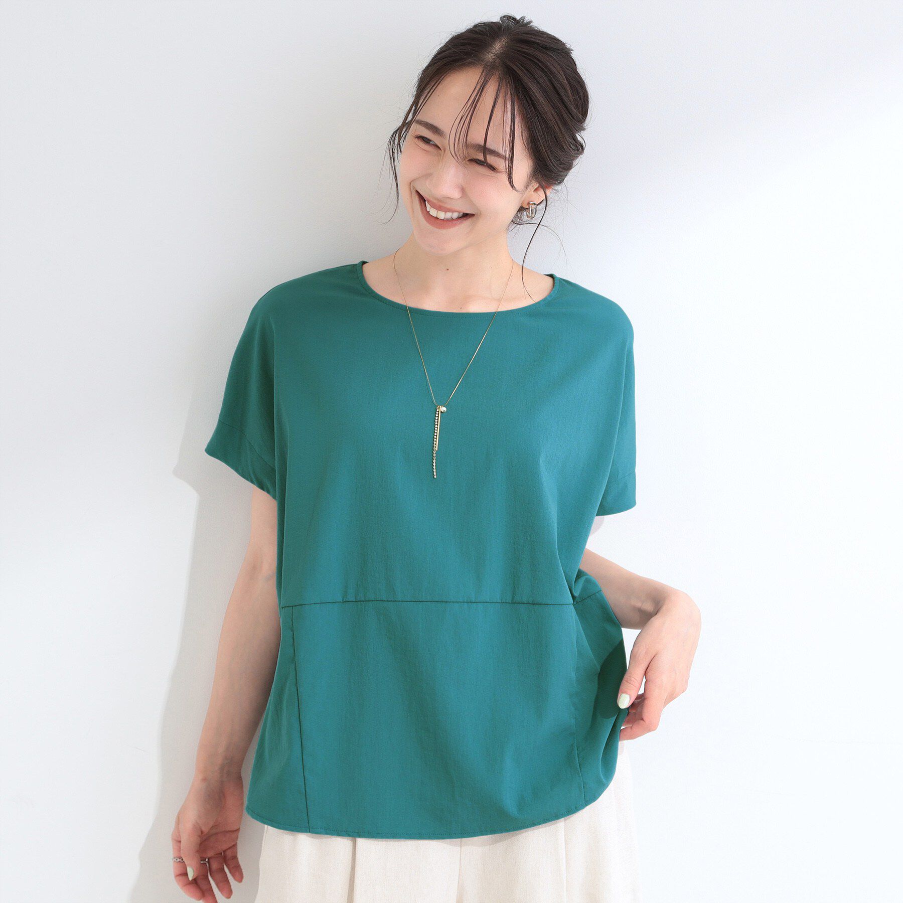 SHOO･LA･RUE「【洗濯機可/セットアップ可】軽凛(かろりん) シンプル上品 ひんやり切替コクーントップス」|Tシャツ・カットソー|